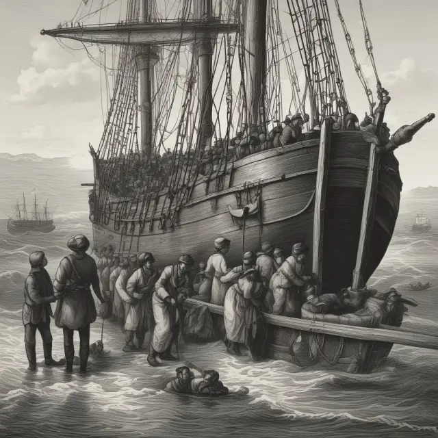 An image of immigrants embarking on a ship to reach America as indentured servants, with the hope for a brighter future and the promise of labor contracts awaiting them