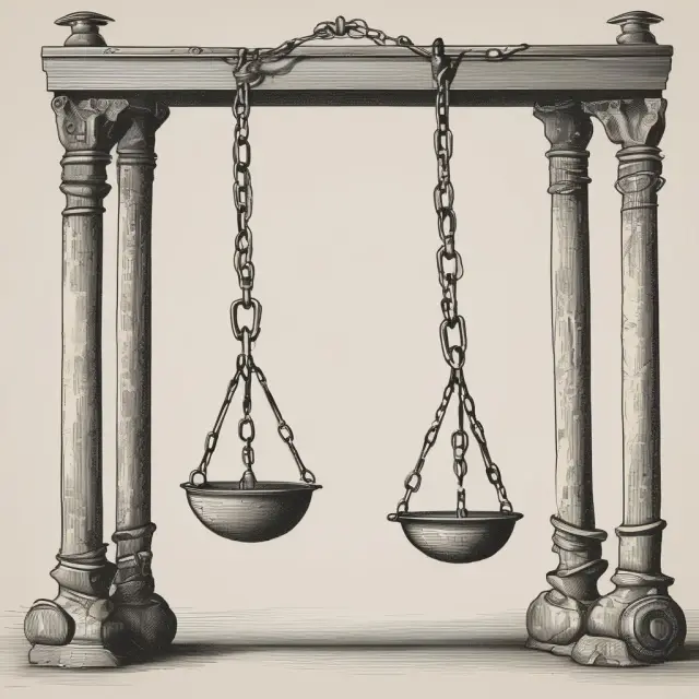 Pendulum swinging between shackles and freedom, symbolizing the evolution of indentured servitude in America.