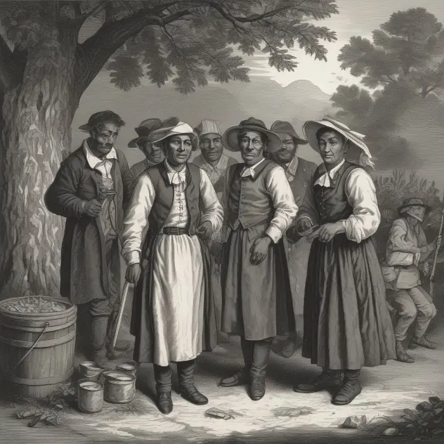 A garden flourishing with diverse ethnicities representing indentured servants, whose labor contributed to American population growth and economic development