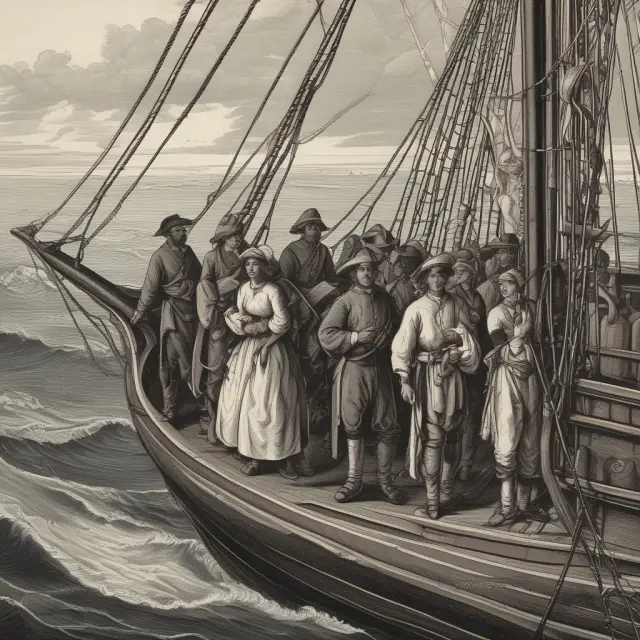 A ship with sails adorned with portraits of John Smith, Anne Bonny, Blackbeard, and Mary Rowlandson transports notable indentured servants to new opportunities in America.