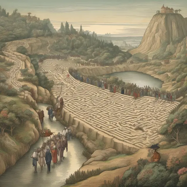 Indentured servants navigating through a complex maze, illustrating the challenges and eventual triumphs of their labor contracts