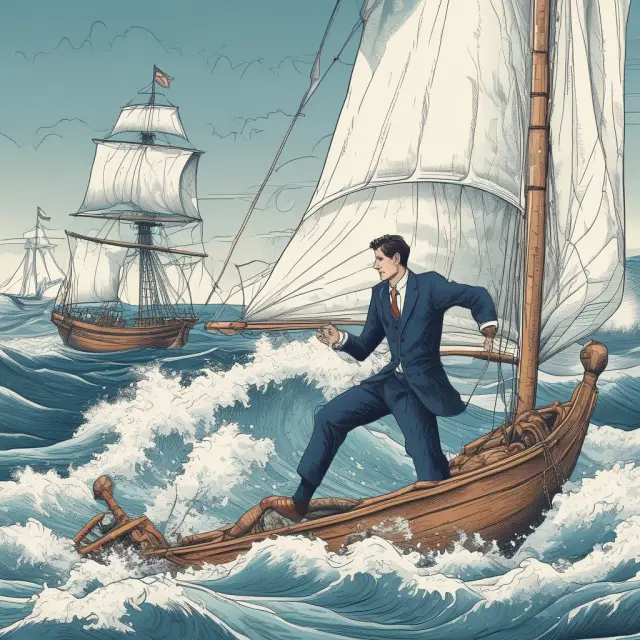 An independent contractor in finance on a boat, braving turbulent waters to seize opportunities, juggling tax advantages and challenges