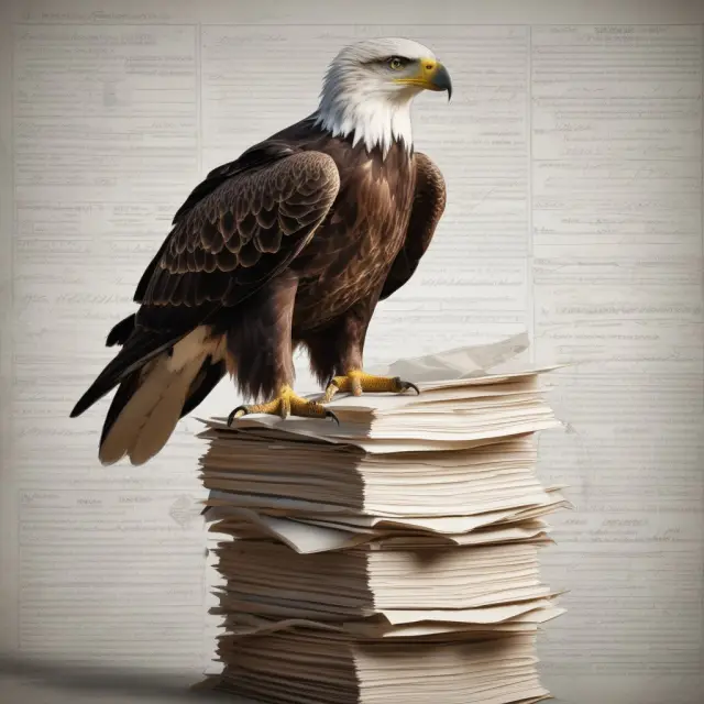 Eagle perched on tax documents, representing the responsibilities of an independent contractor in finance and investment