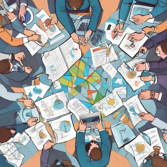 An assemblage of financial professionals engaging in collaboration; accounting, writing, consulting, and IT experts working together at a table filled with charts and graphs.