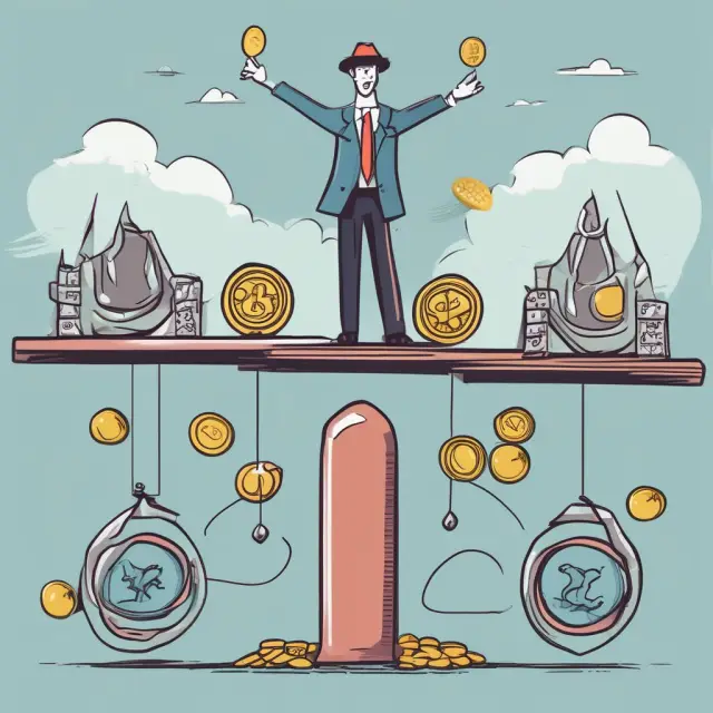 An agile juggler balances unpredictable finance industry coins while traversing a bridge, symbolizing income volatility and borrowing possibilities for independent contractors.