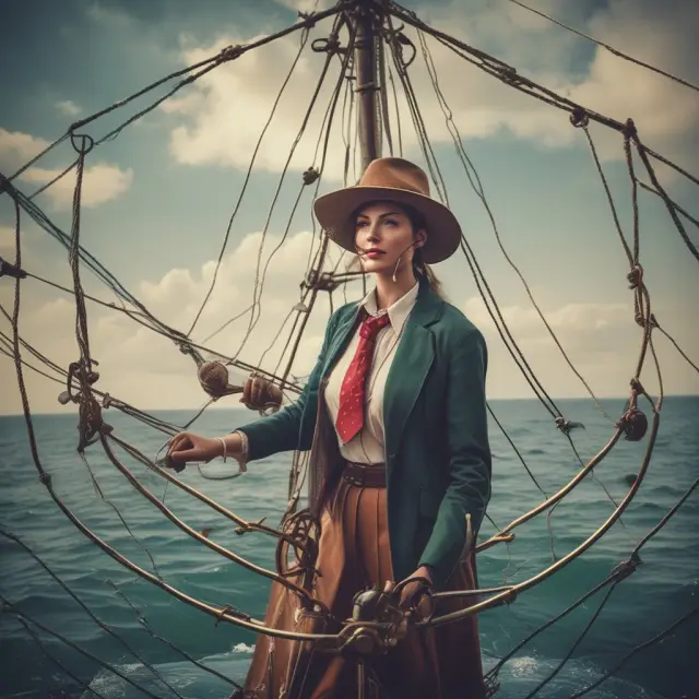 An independent contractor sailing on a sea of opportunities, surrounded by anchors symbolizing networking, and guided by a compass of knowledge