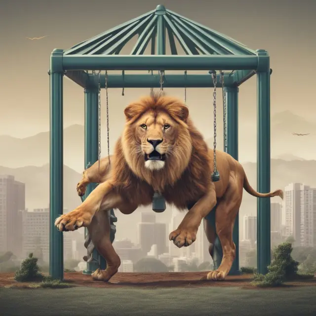 Lion representing active investing and tiger symbolizing passive investing face off on a jungle gym, showcasing the differences between their risk, cost, and return profiles.