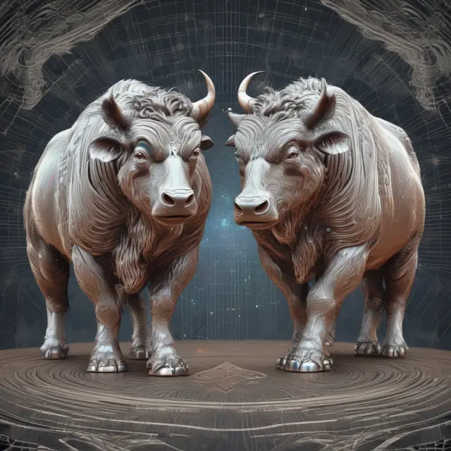 A bull and bear gracefully dancing on a fractal index, representing the blending of passive (bull) and active (bear) elements within smart beta investment strategies.