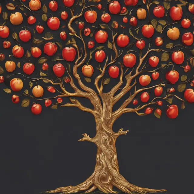 A golden apple tree with branches labeled by different sectors and balanced industries