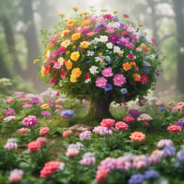 An image of a vibrant garden teeming with various flowers representing diverse stocks, growing harmoniously in an index fund