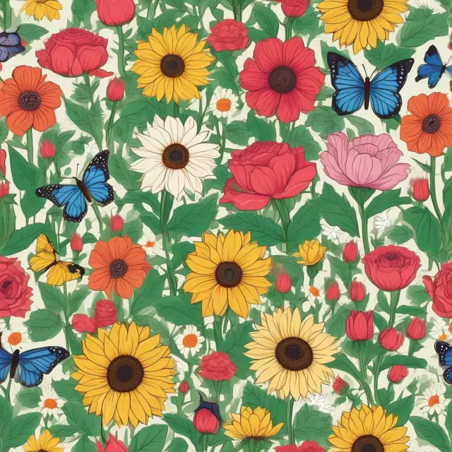 A vibrant garden filled with sunflowers for equity index funds, tulips for bond index funds, roses for commodity index funds, and butterflies representing multi-asset index funds