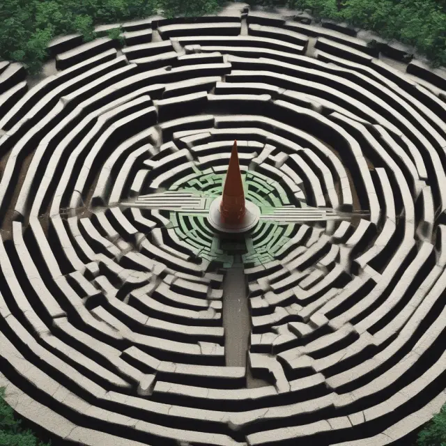 A compass pointing towards an index fund maze with various options, symbolizing the process of selecting the best index fund based on investment goals, risk tolerance, and diversification.