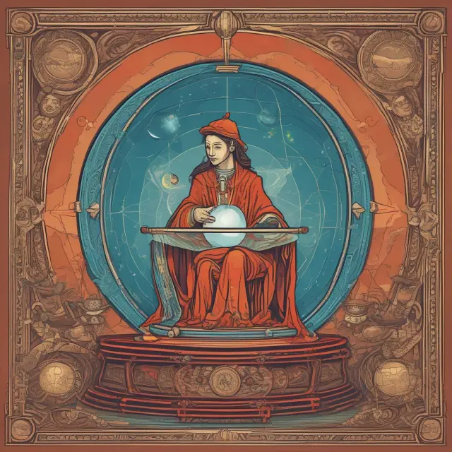 An oracle holding a crystal ball filled with swirling economic indicators: inflation rates and GDP growth