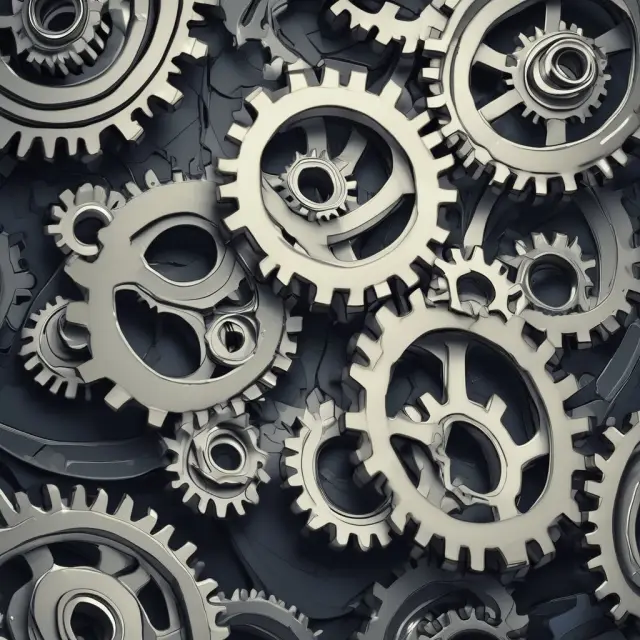 Three gears symbolizing the S&P 500, Dow Jones Industrial Average, and Nasdaq Composite driving a diverse economy.