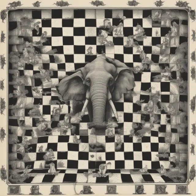 An institutional investor, represented by an elephant, contemplates the benefits of index investing by strategizing around a grand chessboard filled with various indices