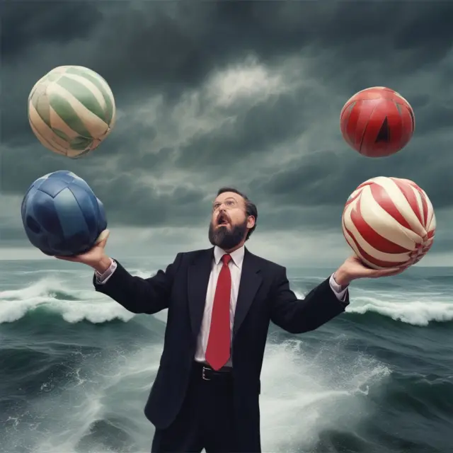 An oversized hand skillfully juggles multiple financial indices during a tumultuous sea, representing an institutional investor managing market risks and challenges