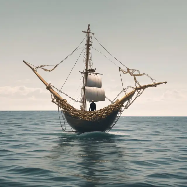 An investor sailing on a calm sea holds a golden anchor with index-linked chain links, representing reduced volatility and real returns.