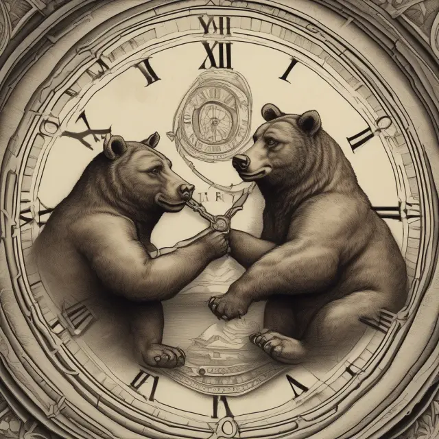 A European bull and American bear, each holding an hourglass representing option expiration dates, symbolizing their differing settlement structures.