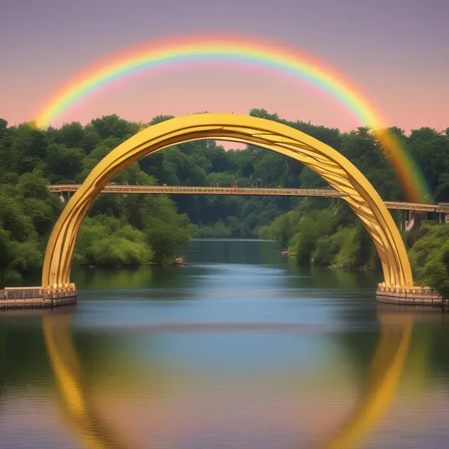 Institutional investors crossing a golden rainbow bridge made of various indices representing diversification, risk management, and speculation benefits