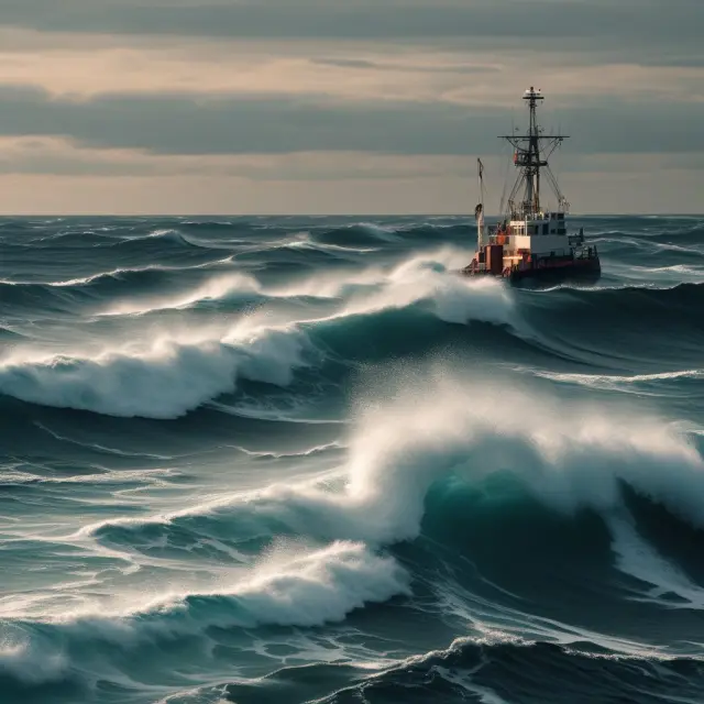 Image of index options on a turbulent sea, with waves representing Delta, Gamma, Vega, Rho, Theta, and Volatility guiding the boat