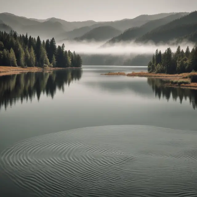 Moving averages in finance: A serene lake illustrating trend identification and filtering market noise
