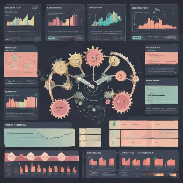 Dashboard displaying various gears connected and labeled with financial, operational, customer satisfaction, marketing, and human resource KPIs