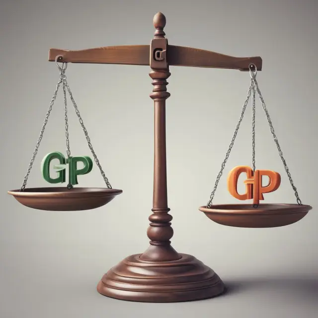 Balancing scale representing GDP (traditional economic indicator) and GPI (alternative progress indicator)