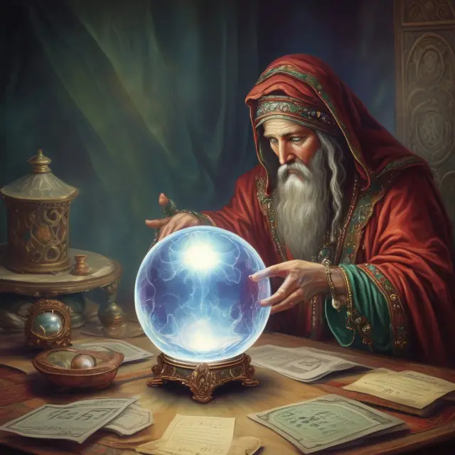A mystical oracle holding a crystal ball answers FAQs on economic and technical indicators