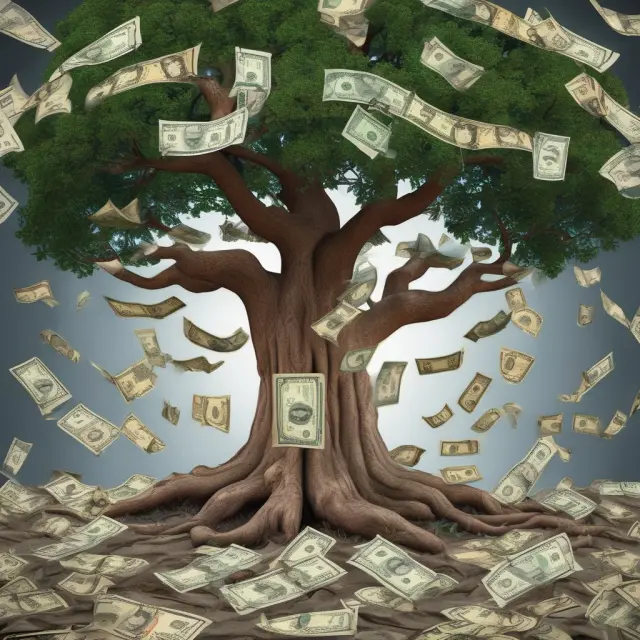 A grand tree symbolizing the U.S. dollar, surrounded by orbs representing various currencies in global exchange markets