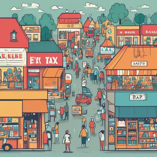A marketplace scene displaying a range of goods with labels representing import duties, carbon fees, and sales tax. The image emphasizes the interconnectedness of these indirect taxes.