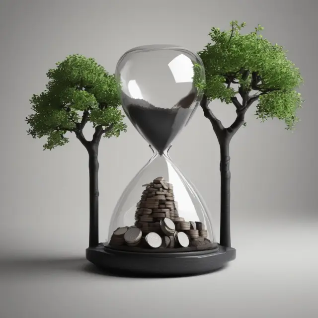 An image of a carbon coin with an hourglass and tree: The modern indirect tax (carbon fee) symbolizing the balance between present emissions reduction and future environmental growth.
