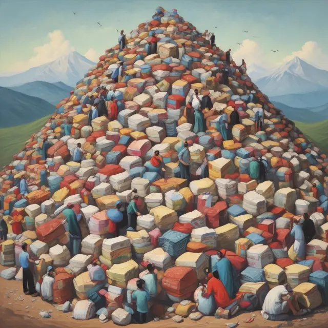 A consumer struggling to climb a mountain of imports, representing the impact of indirect taxes on purchasing power.