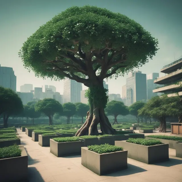An enchanting garden filled with jade trees symbolizing industrial banks. Some bear rich fruits representing financial services, while others wilt, illustrating the need for regulatory oversight.