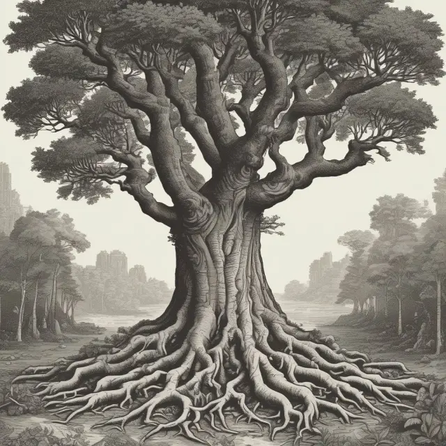 A towering tree symbolizing industrial banks, rooted in unique corporate structures and growing alongside commercial banks