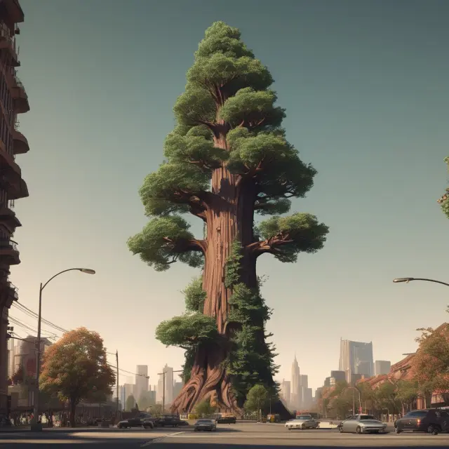 An enchanting forest of towering trees, with each tree representing a successful industrial giant: General Electric, Honeywell, Union Pacific, Caterpillar, 3M, Dow Inc., and Boeing.