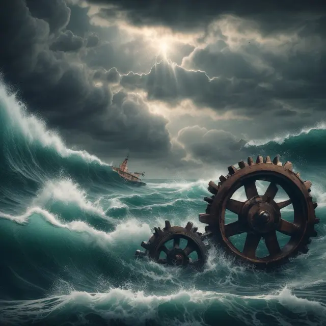 An image of industrial gears intertwined against a tumultuous seascape, representing the uncertainties and risks faced by investors in the industrial goods sector