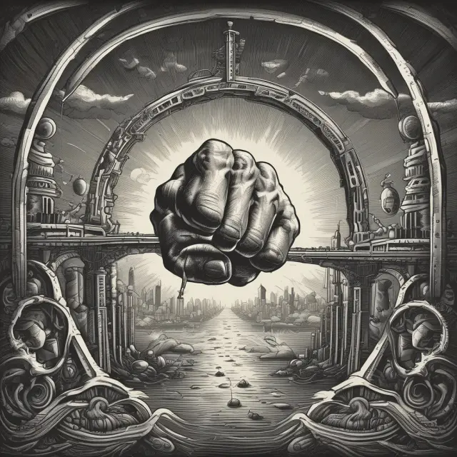 An animated image of two fists symbolizing micro and macroeconomics clashing, leading to the emergence of a bridge representing industrial organization.