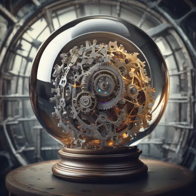 A crystal ball brimming with industrial gears, symbolizing the study of industrial organization
