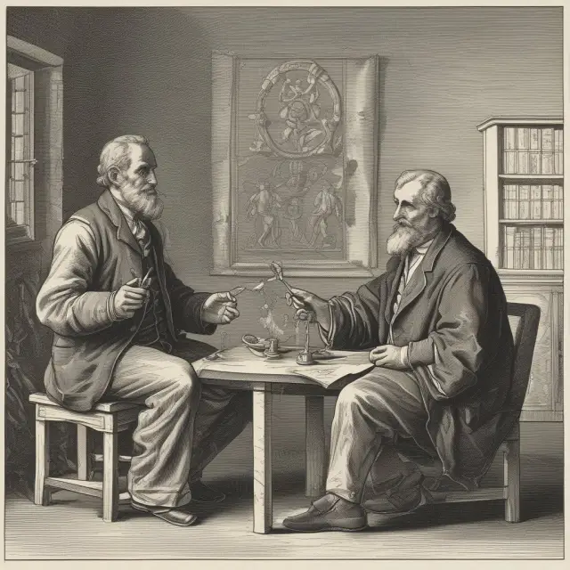 A dynamic image of two scholars in deep conversation, one representing criticisms, the other holding a book symbolizing industrial organization
