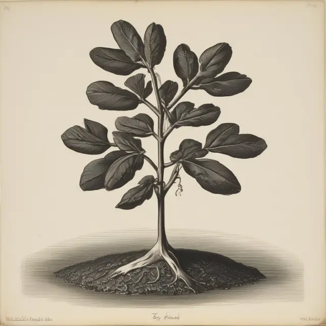 A seedling transforming into a thriving coal and iron industry, representing the early developments of the Industrial Revolution in Britain