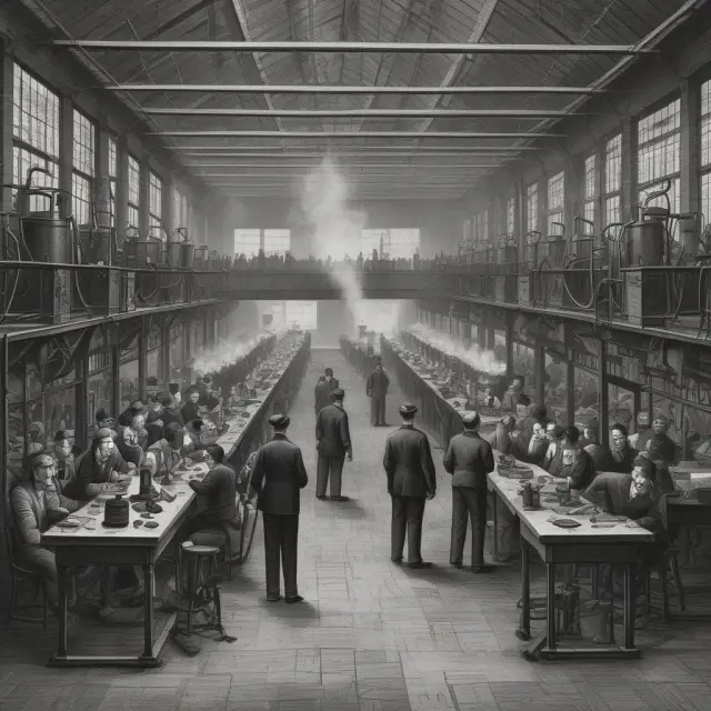 Factories filled with steam power and specialized workers embody the innovations of the Industrial Revolution