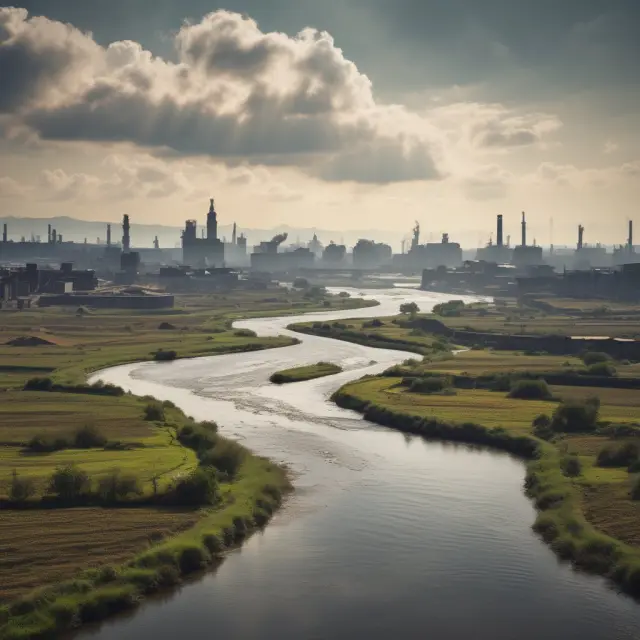 River representing the shift from agriculture to industry, passing through an agricultural landscape and urbanizing into an industrial city