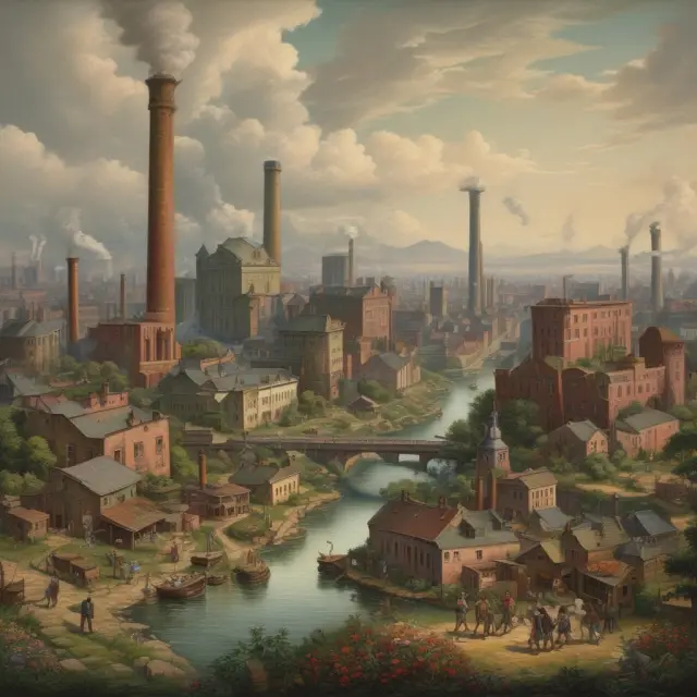 Factory flourishing in a garden of progress: Industrial Revolution transforms cities with employment, improved living conditions and global trade growth.