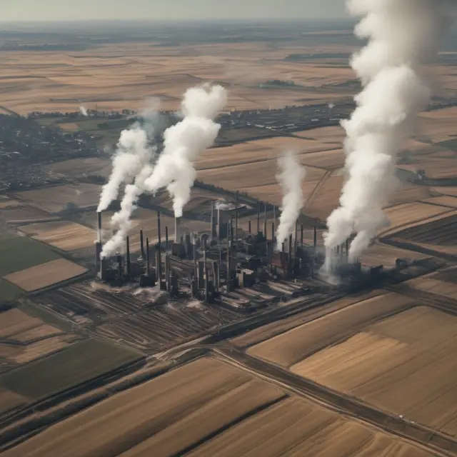 An image of factories polluting a river surrounded by fields of wheat, symbolizing the dual impact of the Industrial Revolution on agriculture and industry