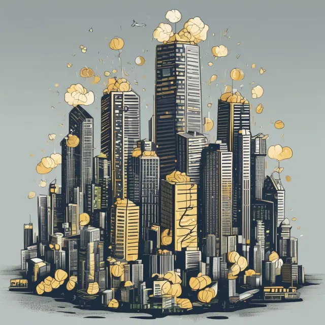 An image of factories producing golden coins while modern cities with skyscrapers grow around them, illustrating the Industrial Revolution