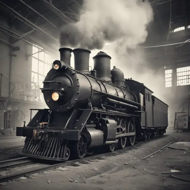 A steam engine powers the Industrial Revolution, symbolizing progress through industrialization and innovation.