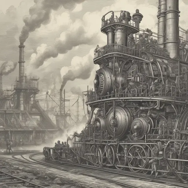 Steam engine driving interconnected factories across continents during the Industrial Revolution