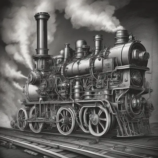 Steam engine producing gears, representing industrialization