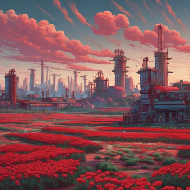 A sea of red stars blooms with government factories, symbolizing the journey of socialist industrialization