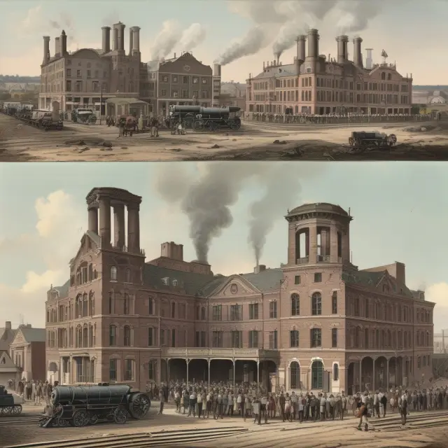 Four pillars of industrialization: cotton gin symbolizes manufacturing, steam engine represents mining and transportation, dynamite illustrates mining, and department store depicts retailing